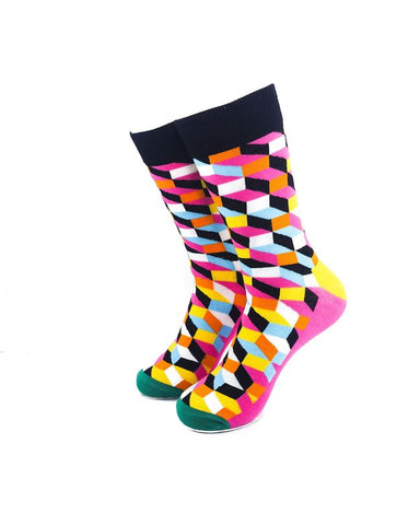 cooldesocks 3d cubes colorful pink crew socks front view image