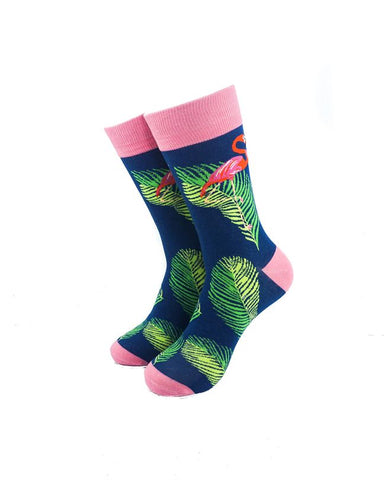 cooldesocks pink flamingo fern leaves crew socks front view image