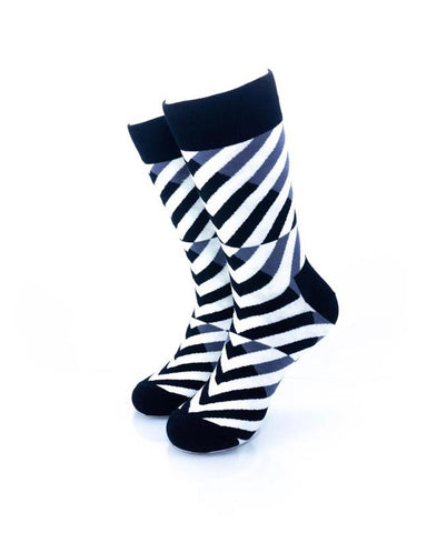 cooldesocks black and white diagonal crew socks front view image