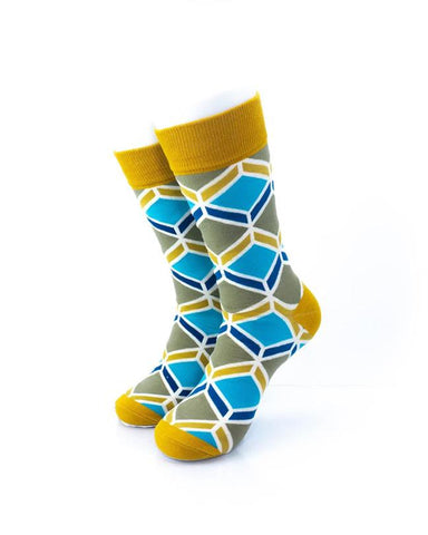 cooldesocks blue gold geometry crew socks front view image