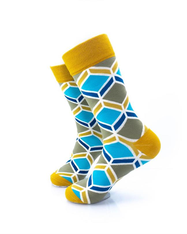 cooldesocks blue gold geometry crew socks left view image