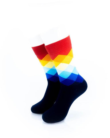 cooldesocks checkered rainbow red crew socks front view image