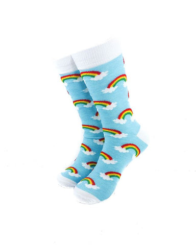 cooldesocks cloud rainbows baby blue crew socks front view image