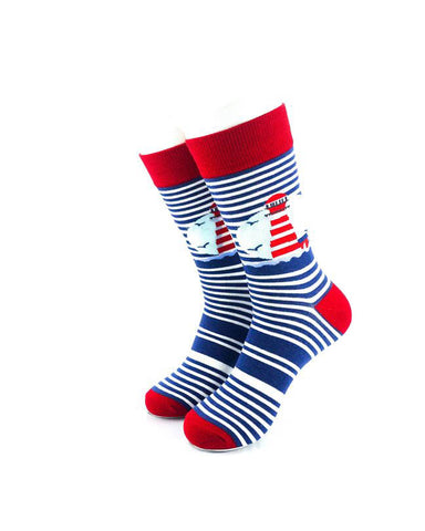 cooldesocks lighthouse blue stripes crew socks front view image