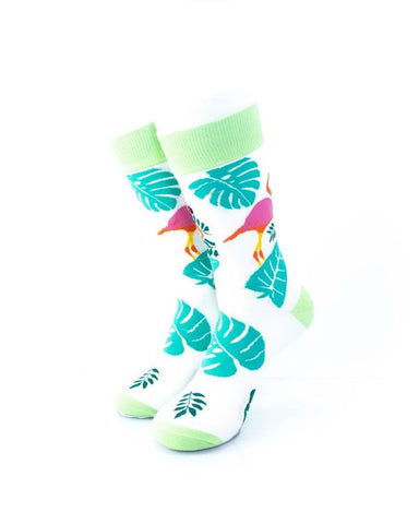 cooldesocks pink flamingo green leaves crew socks front view image