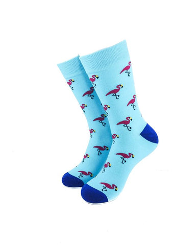 cooldesocks pink flamingos baby blue crew socks front view image