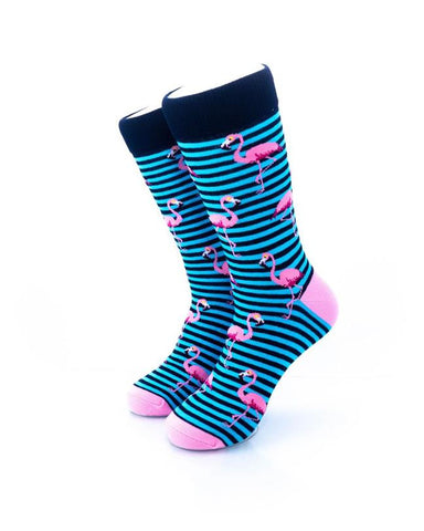 cooldesocks pink flamingos blue stripes crew socks front view image