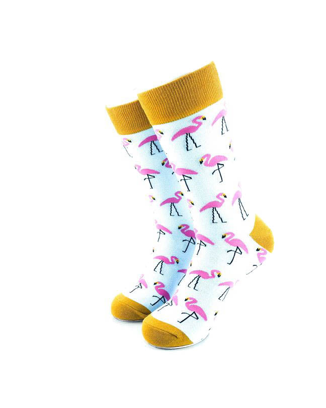 cooldesocks pink flamingos gold crew socks front view image