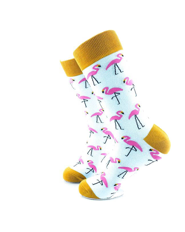 cooldesocks pink flamingos gold crew socks left view image