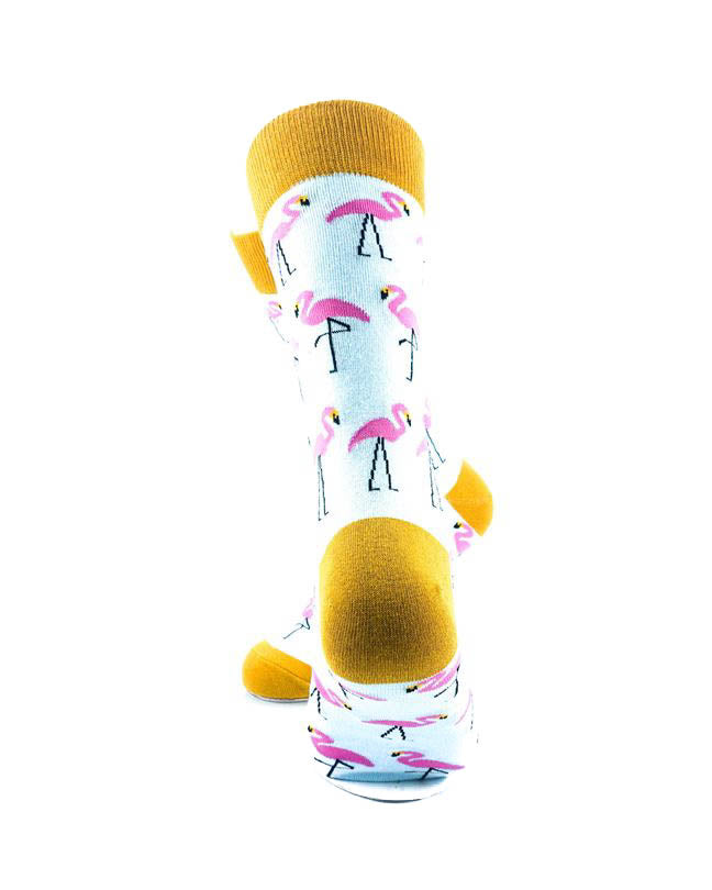 cooldesocks pink flamingos gold crew socks rear view image