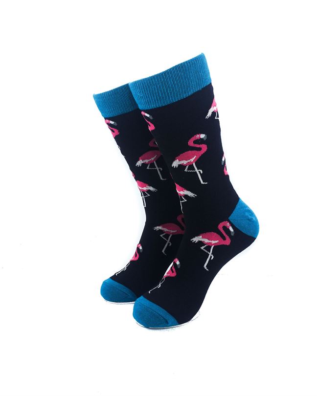 cooldesocks pink flamingos teal blue crew socks front view image