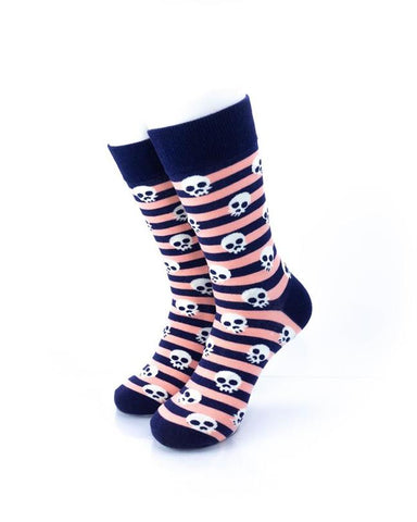 cooldesocks pink stripes skulls crew socks front view image