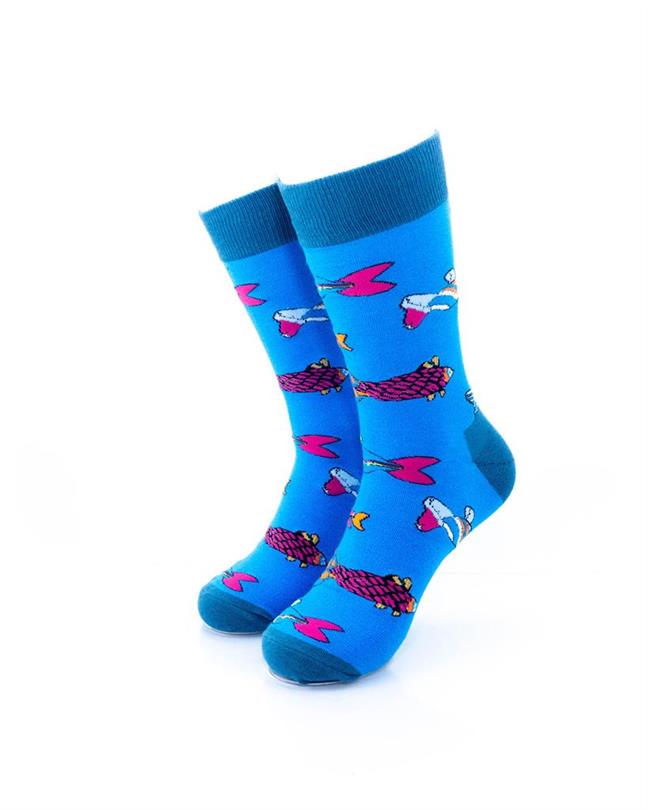 cooldesocks sea fishes blue neon crew socks front view image