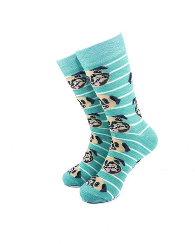 cooldesocks smilling bulldog green stripes crew socks front view image