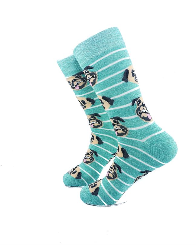 cooldesocks smilling bulldog green stripes crew socks left view image