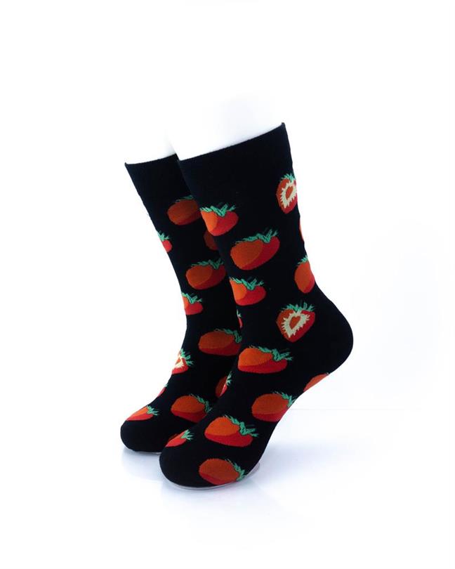 cooldesocks strawberries in black crew socks front view image