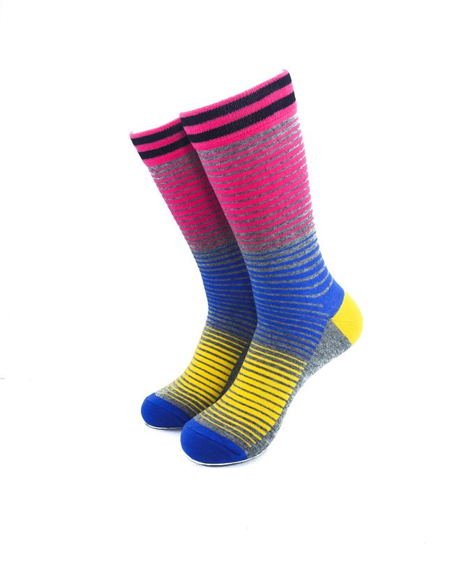 cooldesocks striped retro yellow blue pink crew socks front view image