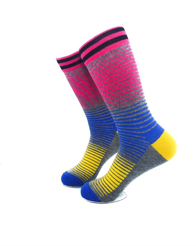 cooldesocks striped retro yellow blue pink crew socks left view image