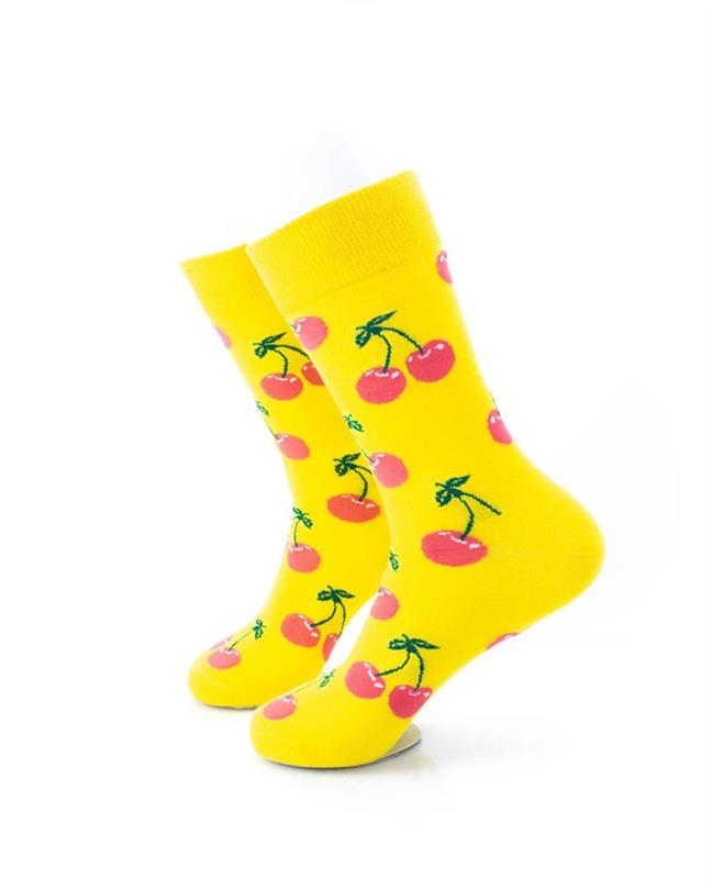 cooldesocks yellow pink cherry crew socks left view image